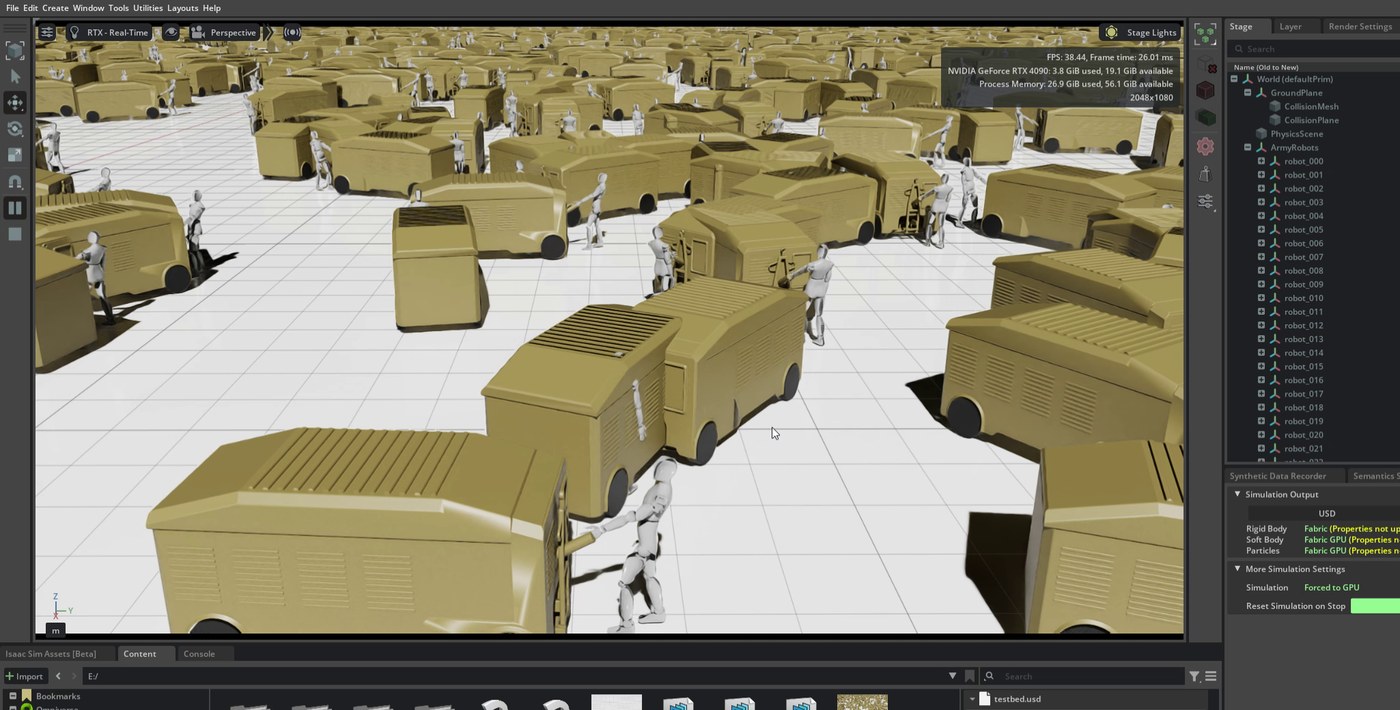 Aircraft towing feasibility scene in Isaac Sim with support equipment near parked aircraft