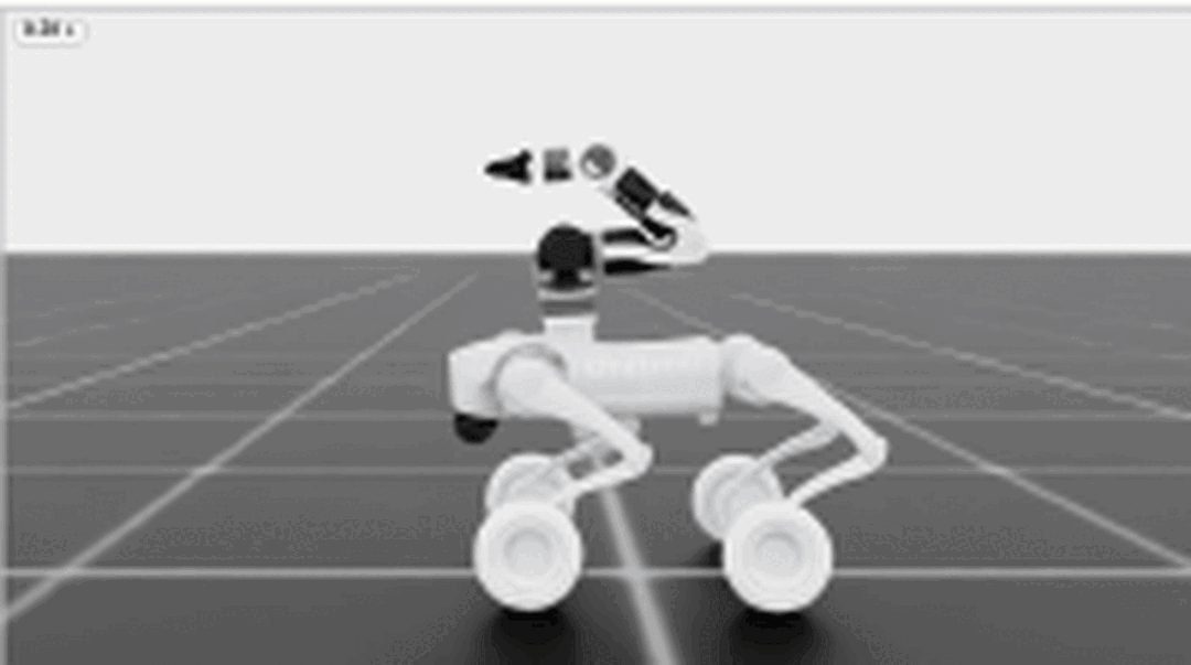 Side-view KALO launch sequence for a Go2W-OpenArm wheeled-legged robot