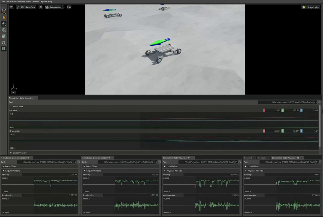 Isaac Lab training monitor view for the KETI 20-DOF wheeled-legged AMR