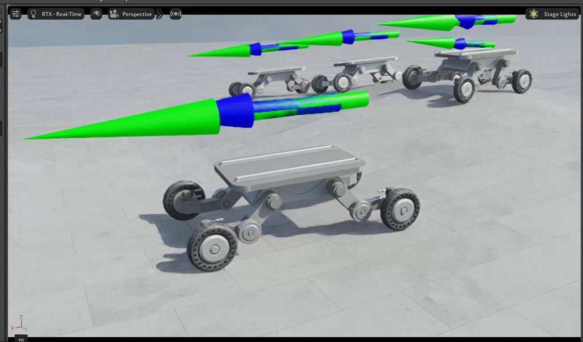Isaac Lab rough-terrain velocity-tracking scene for a 20-DOF wheeled-legged AMR