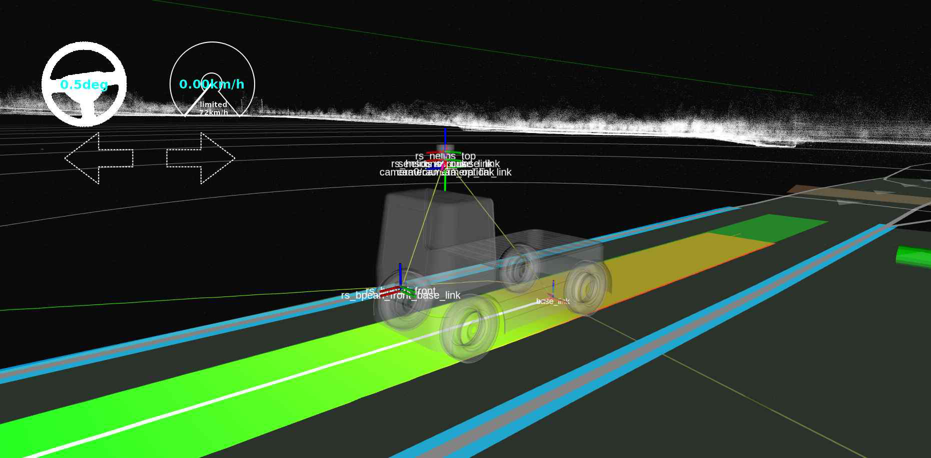 Autoware campus driving visualization with LiDAR point cloud and vehicle lane overlay